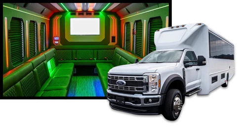 34-passenger party bus interior with LED lighting, lounge seating and video screen